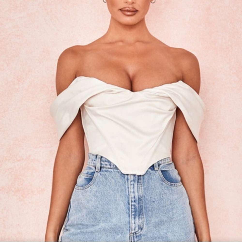 House of CB SILVA IVORY SATIN DRAPED SHOULDER CORSET TOP